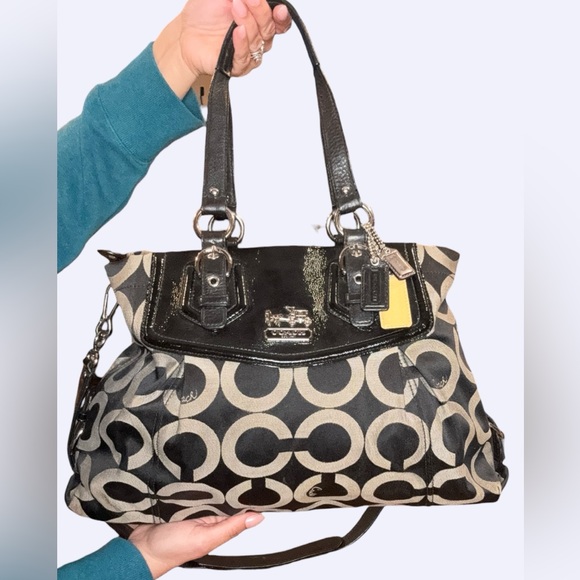 Coach Handbags - Coach Madison Op Art Audrey Satchel Black Khaki Patent Trim